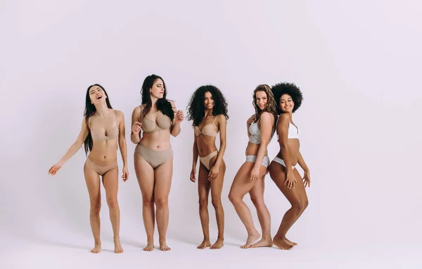 Grupo de mulheres com corpo e etnia diferentes posando juntas — Fotografia de Stock