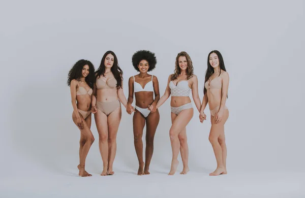 Grupo de mulheres com corpo e etnia diferentes posando juntas — Fotografia de Stock