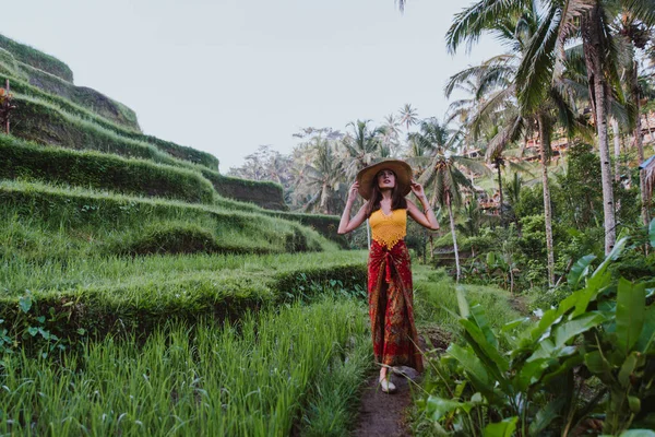 Hermosa chica visitando los campos de arroz de Bali en tegalalang, ubud — Foto de Stock