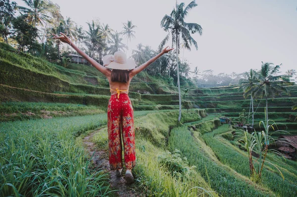 Güzel kız tegalalang, ubud Bali pirinç tarlaları ziyaret — Stok fotoğraf