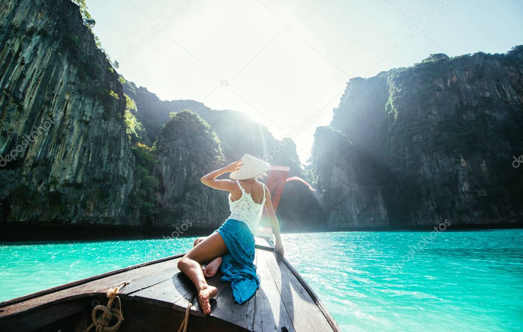 Beautiful woman making an excursion to phi phi island and maya b