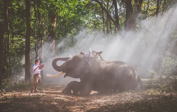 Школьник играет в джунглях со своим другом слоном — стоковое фото