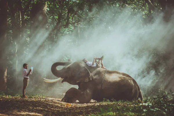 Ragazzo della scuola che studia nella giungla con il suo amico elefante — Foto Stock