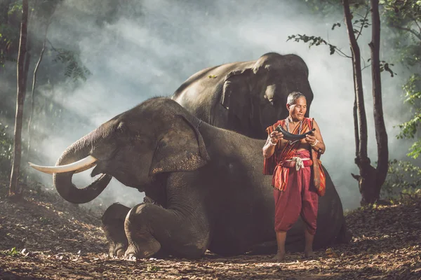 Thailändische Hirten im Dschungel mit Elefanten. historischer Lebensstil — Stockfoto