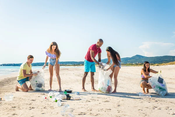 Dobrovolníci sbírání plastů na pláži — Stock fotografie