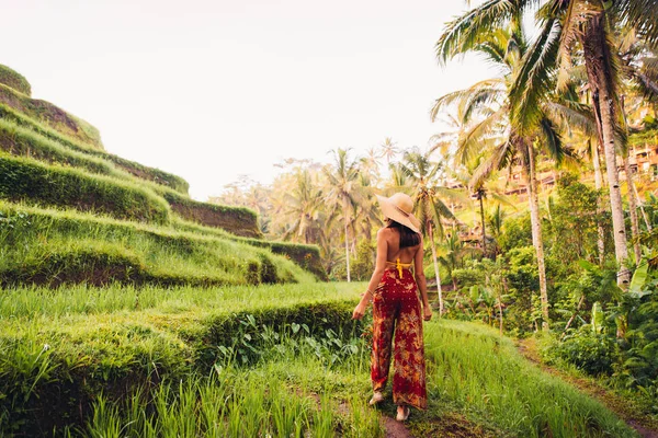 Donna sulla terrazza di riso Tegalalang a Bali — Foto Stock