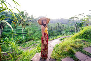 Bali 'de Tegalalang pirinç terasında kadın