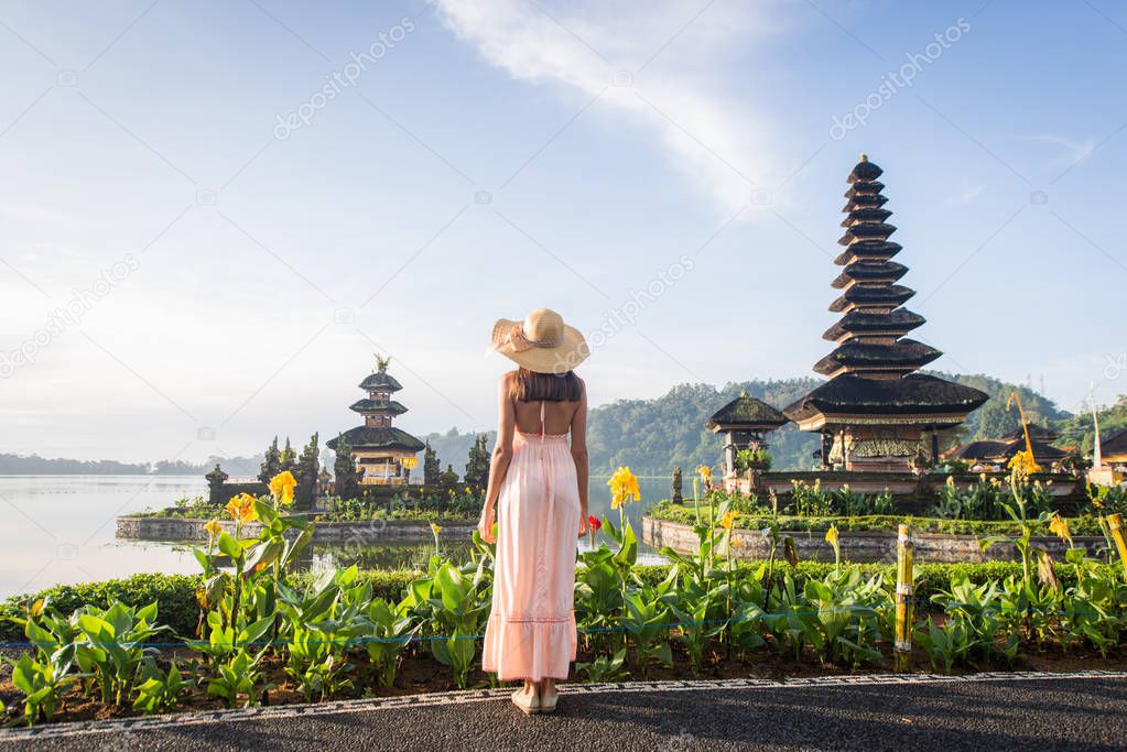 Young woman  at the Pura Ulun Danu Bratan, Bali