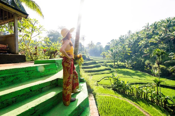 Bali 'de Tegalalang pirinç terasında kadın — Stok fotoğraf
