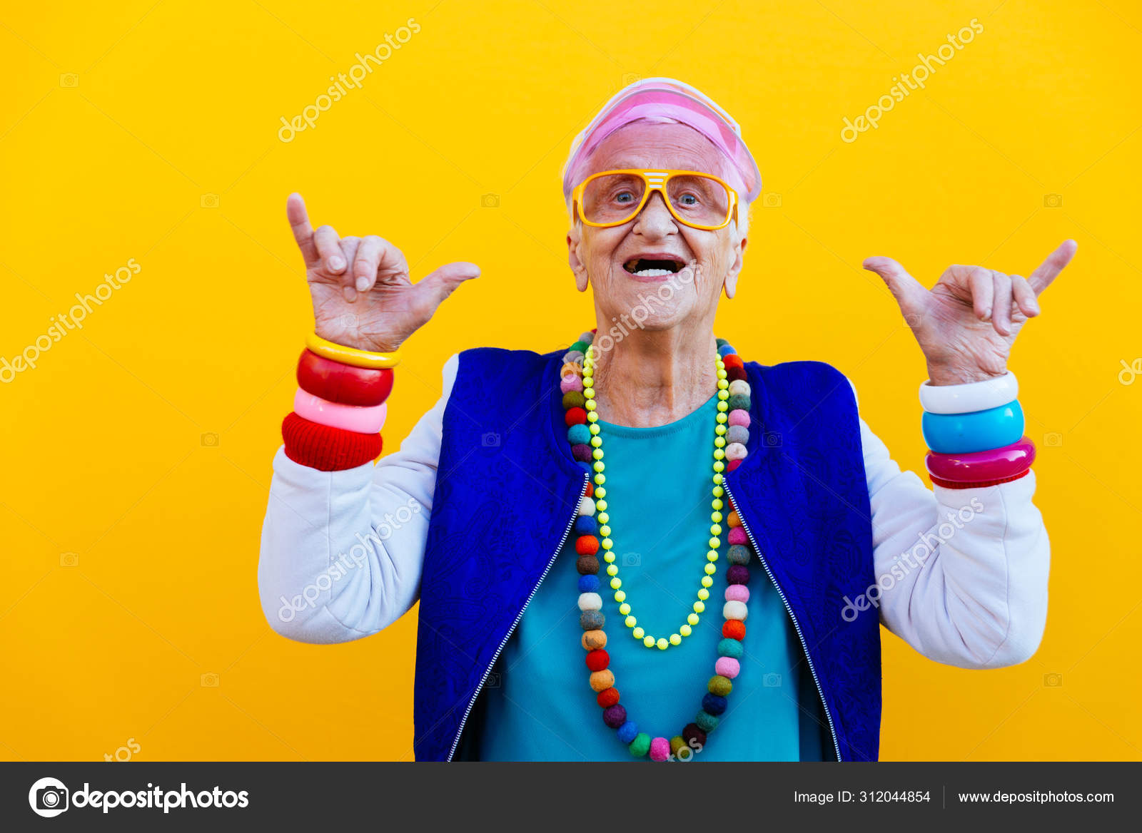 Funny grandmother portraits. 80s style outfit. trapstar dance on