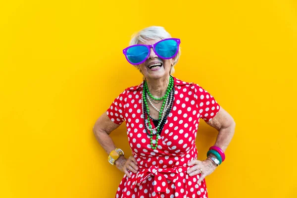 Happy Playful Senior Woman Having Fun Portrait Beautiful Lady Years — Stock Photo, Image