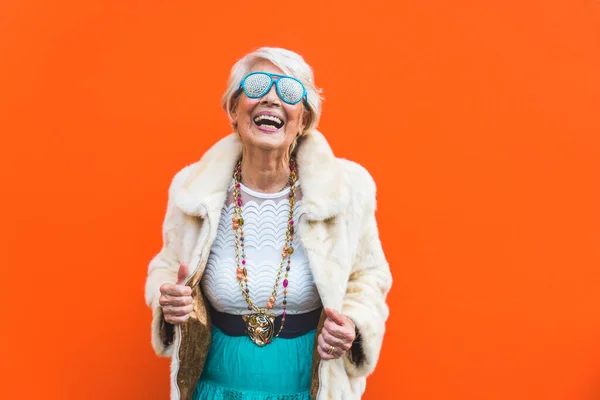 Happy Playful Senior Woman Having Fun Portrait Beautiful Lady Years — Stock Photo, Image