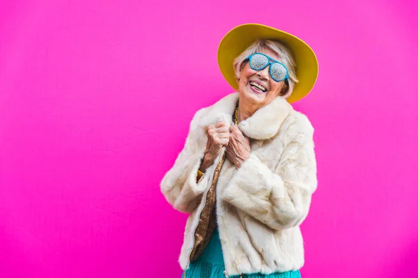 Happy Playful Senior Woman Having Fun Portrait Beautiful Lady Years — Stock Photo, Image