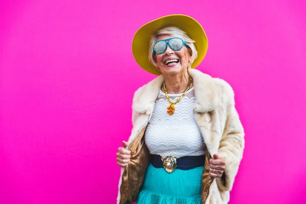 Happy Playful Senior Woman Having Fun Portrait Beautiful Lady Years — Stock Photo, Image