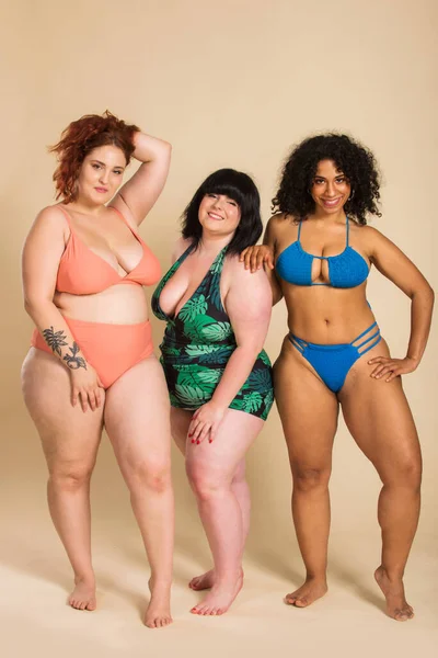 Group Oversize Women Posing Studio Όμορφα Κορίτσια Που Αποδέχονται Ατέλειες — Φωτογραφία Αρχείου