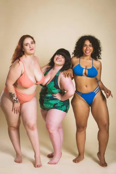 Group Oversize Women Posing Studio Όμορφα Κορίτσια Που Αποδέχονται Ατέλειες — Φωτογραφία Αρχείου