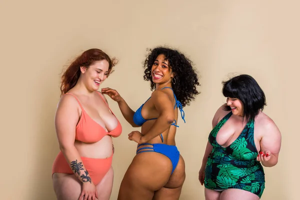 Group Oversize Women Posing Studio Όμορφα Κορίτσια Που Αποδέχονται Ατέλειες — Φωτογραφία Αρχείου