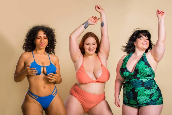 Group Oversize Women Posing Studio Όμορφα Κορίτσια Που Αποδέχονται Ατέλειες — Φωτογραφία Αρχείου