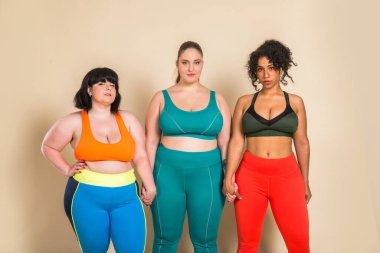 Stüdyoda poz veren 3 büyük boy kadın grubu - vücut hatasını kabul eden güzel kızlar, stüdyoda güzel poziyonlar - vücut kabulü, pozitiflik ve çeşitlilik konseptleri