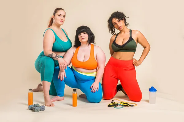 Grupo Mulheres Grandes Posando Estúdio Meninas Bonitas Aceitando Imperfeição Corporal — Fotografia de Stock