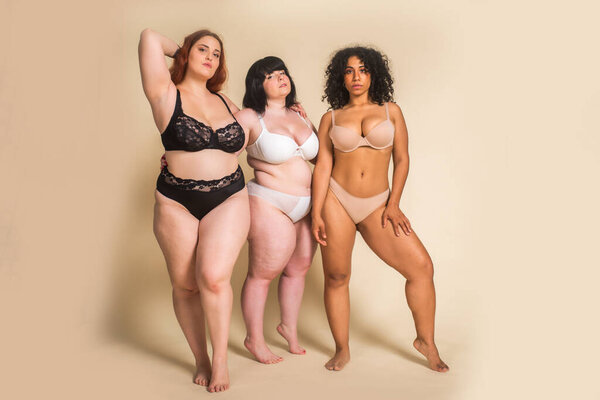 Group of 3 oversize women posing in studio - Beautiful girls accepting body imperfection, beauty shots in studio - Concepts about body acceptance, body positivity and diversity
