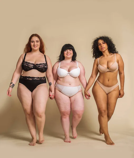 Група Трьох Жінок Які Позують Студії Красиві Дівчата Приймають Недосконалість — стокове фото