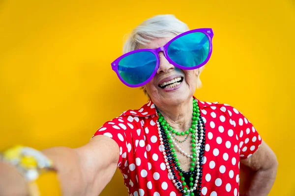 Happy Grandmother Posing Colored Backgrounds Woman Having Fun Celebrating — Stock Photo, Image