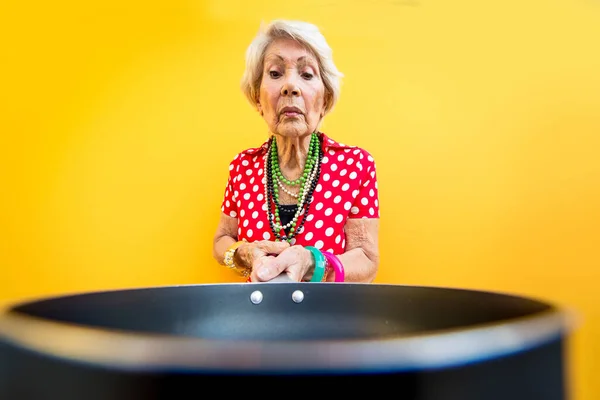 Happy Grandmother Posing Colored Backgrounds Woman Having Fun Celebrating — Stock Photo, Image