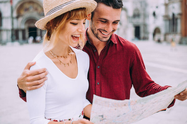 Young couple in Venice. Lifestyle travel moments in the beautiful italian city. Concepts about Venezia