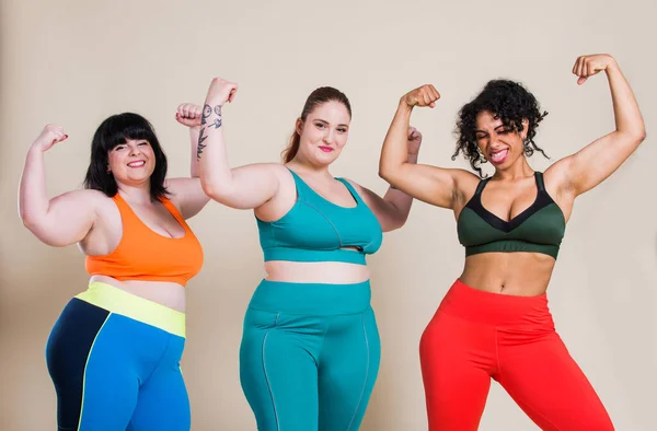 Size Women Making Sport Fitness Studio Portraits Multiethnic Curvy Girls — Stock Photo, Image