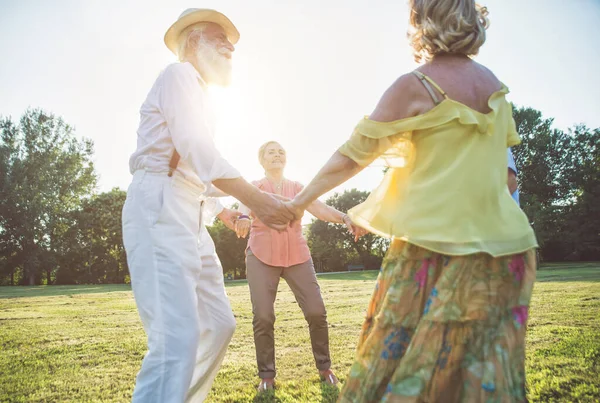 Grupo Personas Mayores Haciendo Picnic Parque Divirtiéndose —  Fotos de Stock