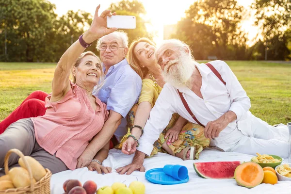 Grupo Idosos Fazendo Piquenique Parque Divertindo — Fotografia de Stock