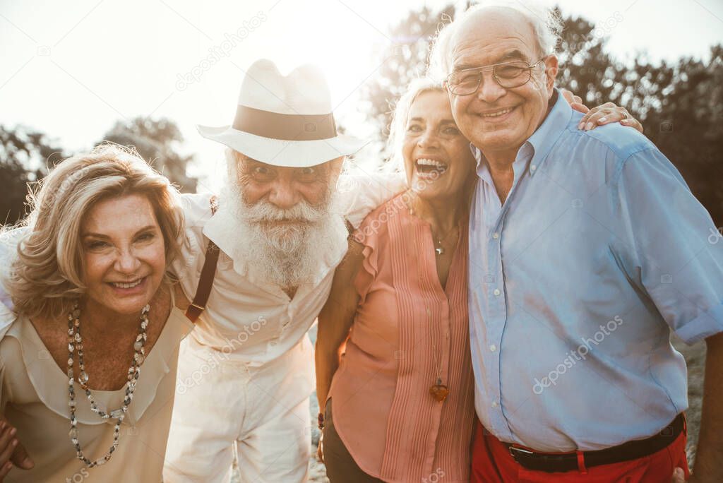 Group of seniors making a picnic at the park and having fun