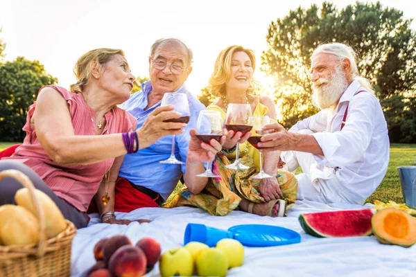 Gruppo Giovani Anziani Che Divertono All Aperto Quattro Pensionati Che — Foto Stock