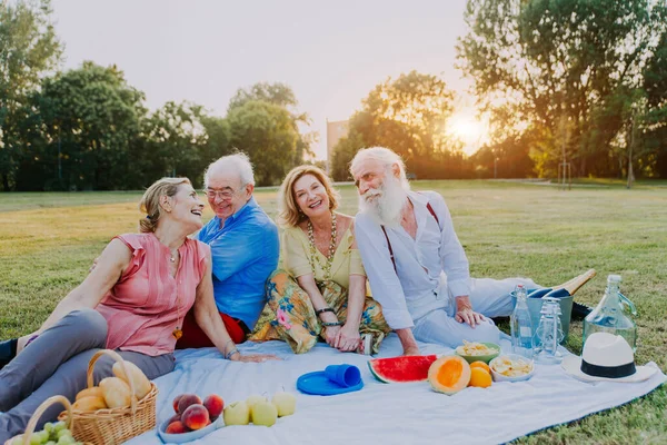 Gruppo Giovani Anziani Che Divertono All Aperto Quattro Pensionati Che — Foto Stock