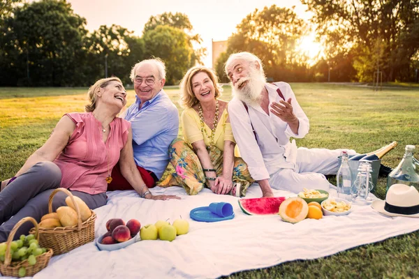 Gruppo Giovani Anziani Che Divertono All Aperto Quattro Pensionati Che — Foto Stock