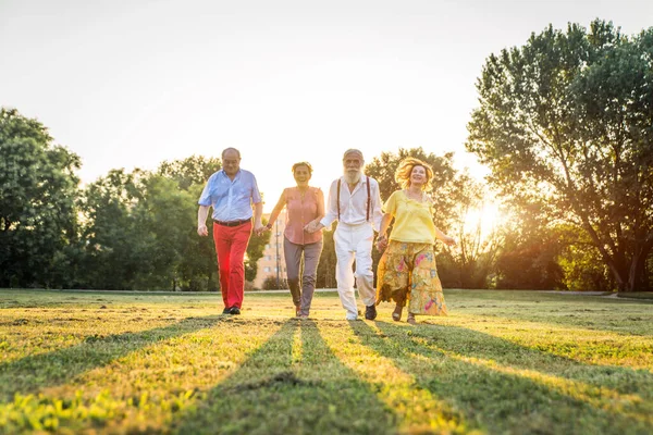 Ungdomliga Seniorer Som Roar Sig Utomhus Fyra Pensionärer Som Förenar — Stockfoto