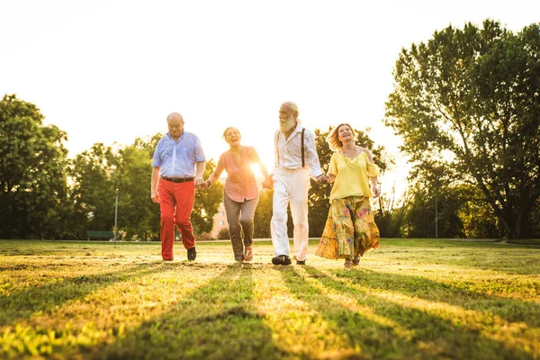 Gruppo Giovani Anziani Che Divertono All Aperto Quattro Pensionati Che — Foto Stock