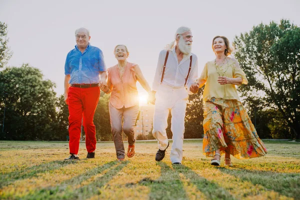 Gruppo Giovani Anziani Che Divertono All Aperto Quattro Pensionati Che — Foto Stock