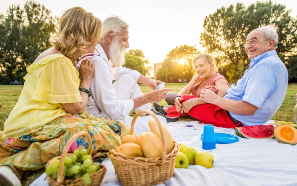 Gruppo Giovani Anziani Che Divertono All Aperto Quattro Pensionati Che — Foto Stock