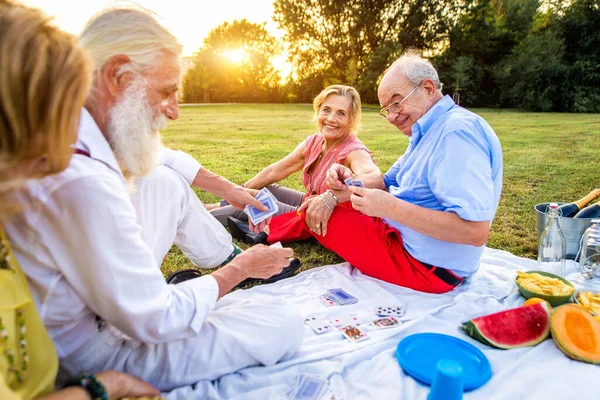 Gruppo Giovani Anziani Che Divertono All Aperto Quattro Pensionati Che — Foto Stock