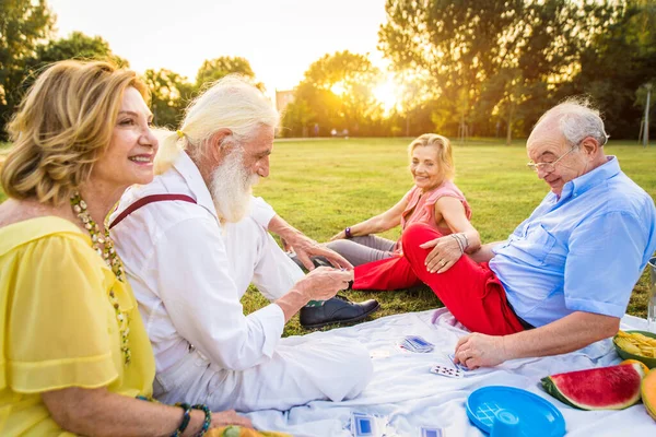 Gruppo Giovani Anziani Che Divertono All Aperto Quattro Pensionati Che — Foto Stock