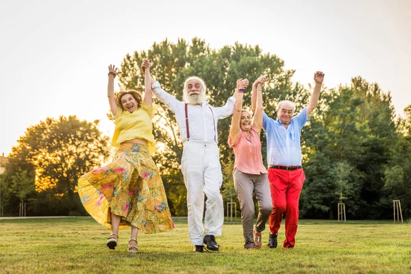 Ungdomliga Seniorer Som Roar Sig Utomhus Fyra Pensionärer Som Förenar — Stockfoto