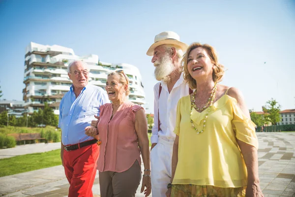 Groupe Jeunes Aînés Qui Amusent Extérieur Quatre Pensionnés Qui Lient — Photo