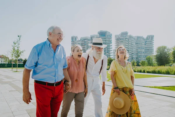 Groupe Jeunes Aînés Qui Amusent Extérieur Quatre Pensionnés Qui Lient — Photo