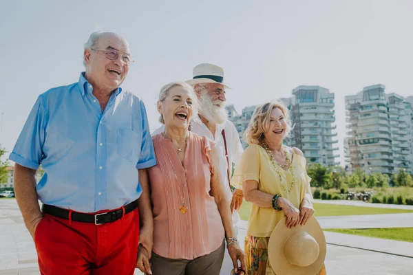 Groupe Jeunes Aînés Qui Amusent Extérieur Quatre Pensionnés Qui Lient — Photo