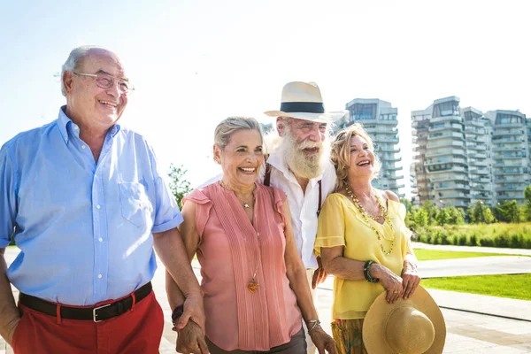 Grupo Personas Mayores Jóvenes Que Divierten Aire Libre Cuatro Pensionistas — Foto de Stock