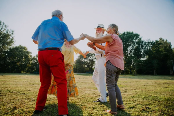 Groupe Jeunes Aînés Qui Amusent Extérieur Quatre Pensionnés Qui Lient — Photo