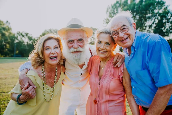 Skupina Mladých Seniorů Baví Venku Čtyři Důchodci Lepení Venku Pojmy — Stock fotografie