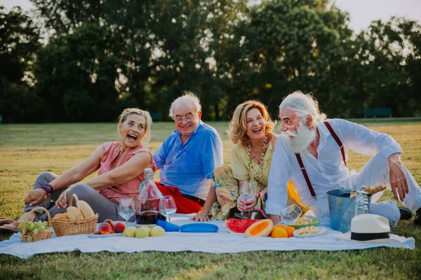 Gruppo Giovani Anziani Che Divertono All Aperto Quattro Pensionati Che — Foto Stock